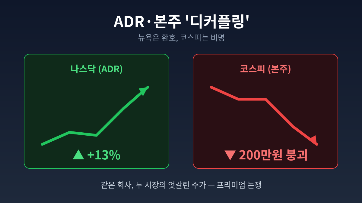 SK하이닉스 나스닥 ADR은 급등하고 코스피 본주는 폭락한 디커플링 현상을 나타낸 개념 일러스트